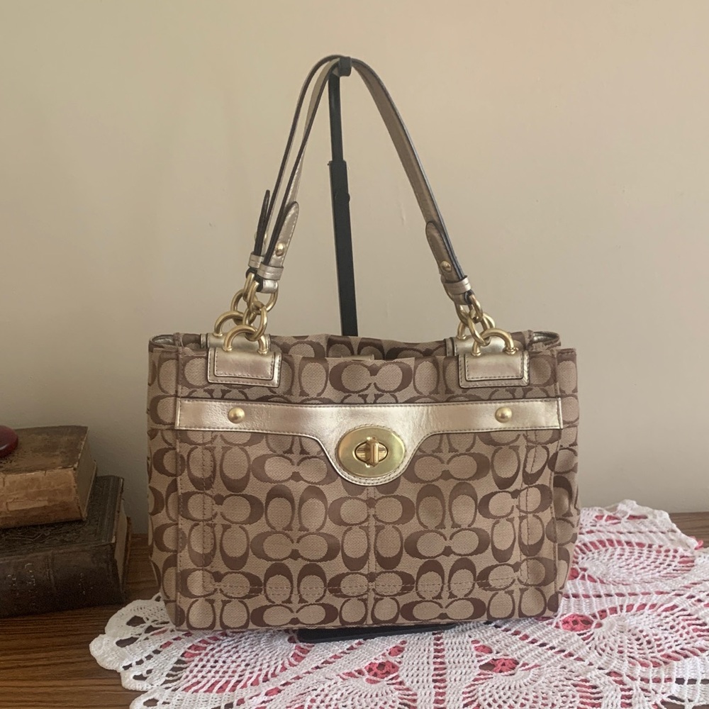 Coach Signature Canvas Shoulder Bag in Brown and Metallic Gold